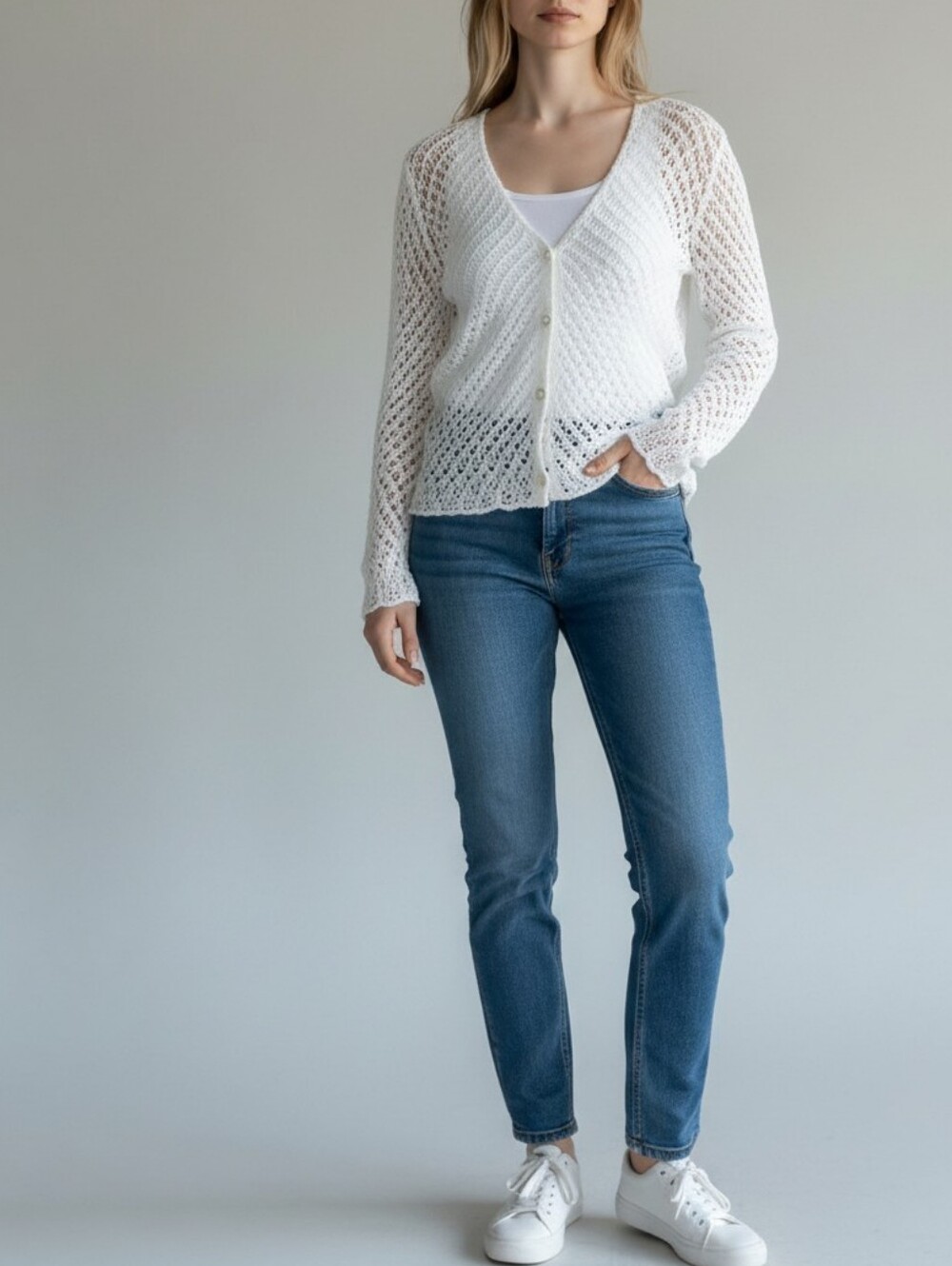 Apostrophe Open-Knit V-Neck Button Cardigan Womens S White Fairy Retro Boho 90s